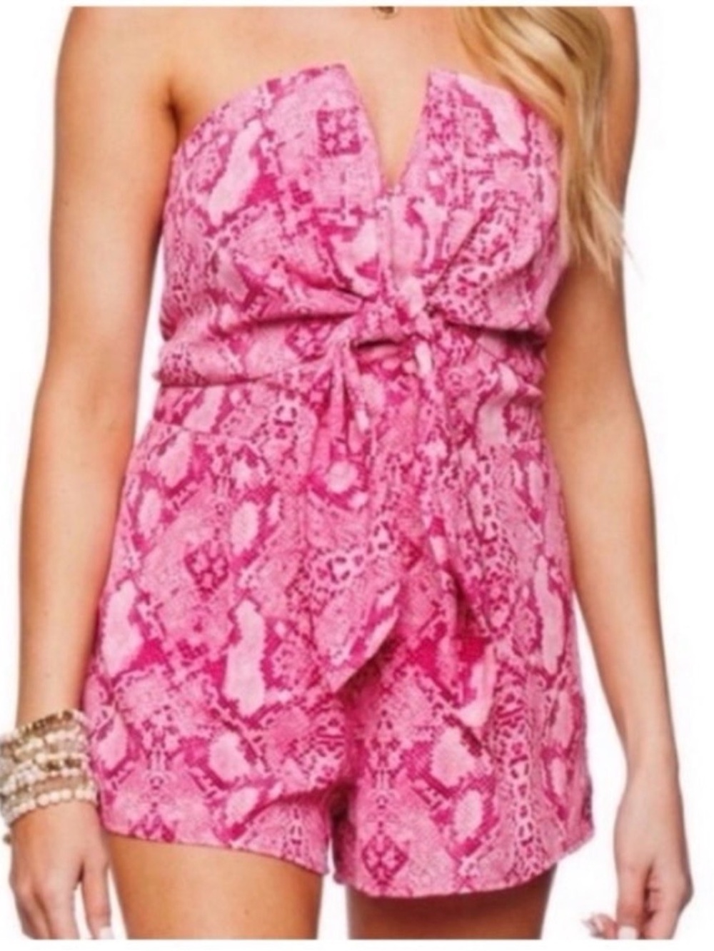 Buddy Love Strapless Jumbie Romper Snakeskin Print Tie-Front, Pink and Magenta